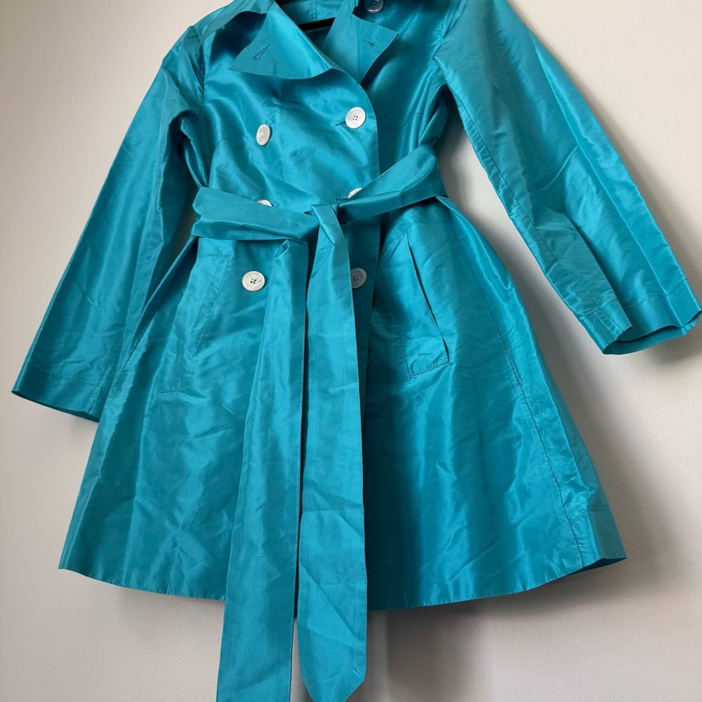 As Four Kate Spade 2005 Collab 100% Silk Teal Short Double-Breasted Trench Coat - Picture 14 of 14